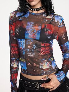 A Nightmare on Elm Street X ROMWE Women's Fashion Letter Print Crew Neck Long Sleeve Top Streetwear - Multicolor - View 14