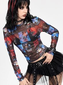A Nightmare on Elm Street X ROMWE Women's Fashion Letter Print Crew Neck Long Sleeve Top Streetwear - Multicolor - View 10