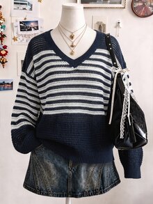 Collagica Collagica Women's Colorblock Navy And White Knit Top Brunch Fall Coastal Chic Casual - Multicolor - View 1