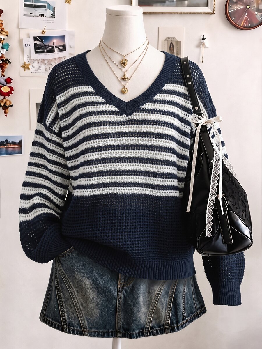 Collagica Collagica Women's Colorblock Navy And White Knit Top Brunch Fall Coastal Chic Casual - Multicolor - View 1