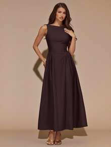 SHEIN BAE Women's Solid Brown Sleeveless Backless Long Dress, Autumn/Winter - Brown - View 3