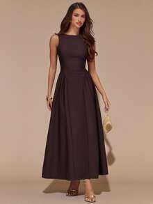 SHEIN BAE Women's Solid Brown Sleeveless Backless Long Dress, Autumn/Winter - Brown - View 1
