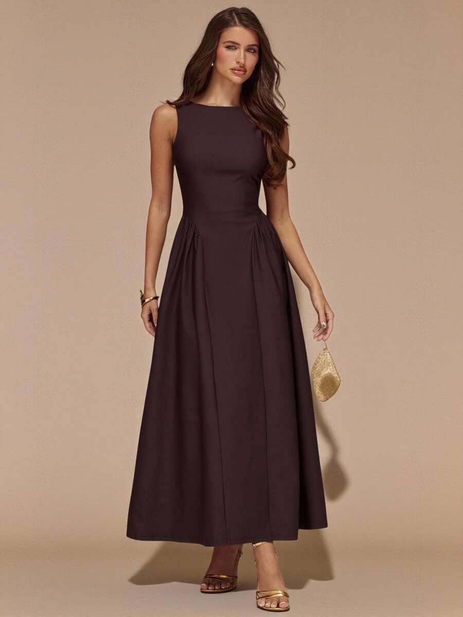 SHEIN BAE Women's Solid Brown Sleeveless Backless Long Dress, Autumn/Winter - Brown - View 1