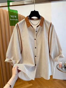Resyla Relaxed Fit Striped Short Sleeve Shirt For Women, Contrast Collar Casual Blouse For Everyday Commute - Multicolor - View 1