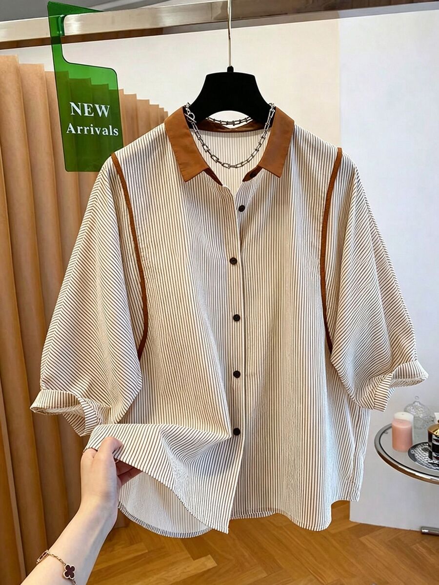Resyla Relaxed Fit Striped Short Sleeve Shirt For Women, Contrast Collar Casual Blouse For Everyday Commute - Multicolor - View 1