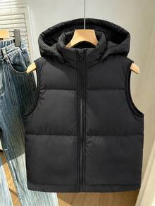 SHEIN 青少年女孩秋季連帽背心保暖無袖外套 黑色 外穿 職業日 校園端莊款 - 黑色 - 查看 3