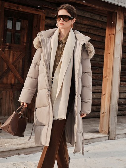 Anewsta Plus Size Women's Plush Hooded Waist Tie Casual Versatile Winter Padded Coat
