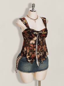 SHEIN ICON Women's Vacation Plant Print Asymmetric Hem Tank Top Black Floral Summer Boho - Multicolor - View 6
