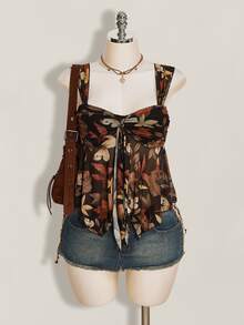 SHEIN ICON Women's Vacation Plant Print Asymmetric Hem Tank Top Black Floral Summer Boho - Multicolor - View 5