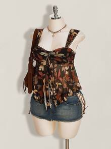 SHEIN ICON Women's Vacation Plant Print Asymmetric Hem Tank Top Black Floral Summer Boho - Multicolor - View 4