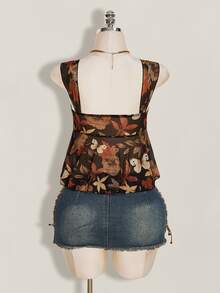 SHEIN ICON Women's Vacation Plant Print Asymmetric Hem Tank Top Black Floral Summer Boho - Multicolor - View 2