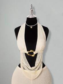 SHEIN ICON 2pcs Women Halter Backless Sexy Crop Top And Low Waist Mini Skirt Set Knit Two Piece Set Crochet Two Piece Set Beach Vacation White Gold Beige Summer - White - View 4