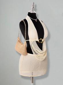 SHEIN ICON 2pcs Women Halter Backless Sexy Crop Top And Low Waist Mini Skirt Set Knit Two Piece Set Crochet Two Piece Set Beach Vacation White Gold Beige Summer - White - View 9