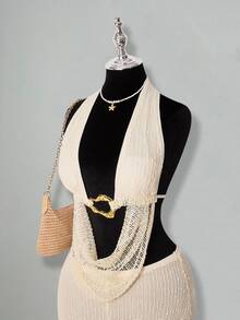 SHEIN ICON 2pcs Women Halter Backless Sexy Crop Top And Low Waist Mini Skirt Set Knit Two Piece Set Crochet Two Piece Set Beach Vacation White Gold Beige Summer - White - View 7
