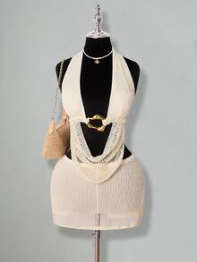SHEIN ICON 2pcs Women Halter Backless Sexy Crop Top And Low Waist Mini Skirt Set Knit Two Piece Set Crochet Two Piece Set Beach Vacation White Gold Beige Summer - White - View 5