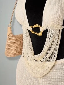 SHEIN ICON 2pcs Women Halter Backless Sexy Crop Top And Low Waist Mini Skirt Set Knit Two Piece Set Crochet Two Piece Set Beach Vacation White Gold Beige Summer - White - View 8