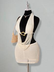 SHEIN ICON 2pcs Women Halter Backless Sexy Crop Top And Low Waist Mini Skirt Set Knit Two Piece Set Crochet Two Piece Set Beach Vacation White Gold Beige Summer - White - View 6