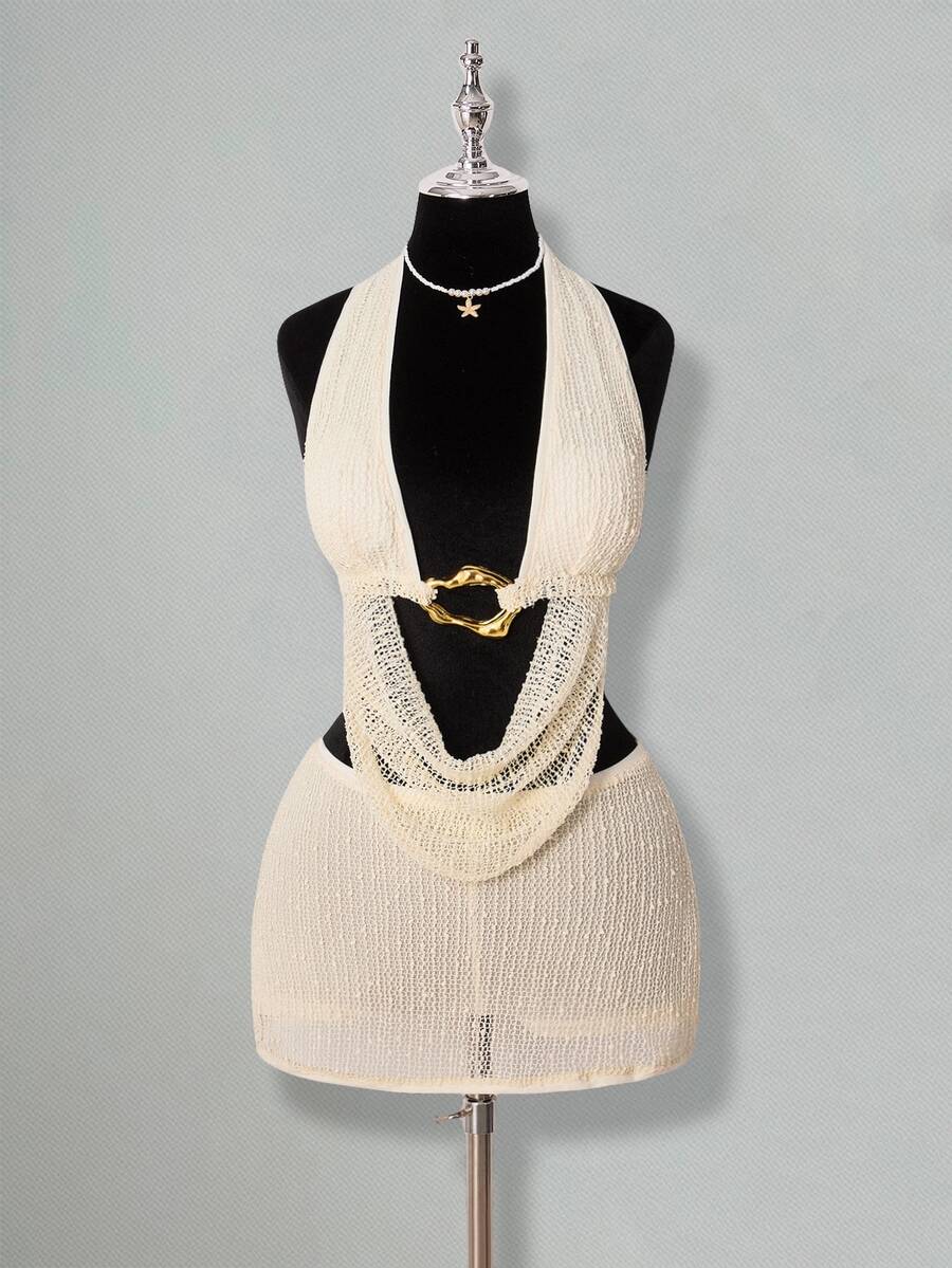 SHEIN ICON 2pcs Women Halter Backless Sexy Crop Top And Low Waist Mini Skirt Set Knit Two Piece Set Crochet Two Piece Set Beach Vacation White Gold Beige Summer - White - View 1