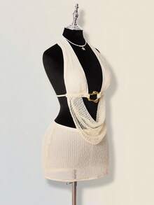 SHEIN ICON 2pcs Women Halter Backless Sexy Crop Top And Low Waist Mini Skirt Set Knit Two Piece Set Crochet Two Piece Set Beach Vacation White Gold Beige Summer - White - View 10