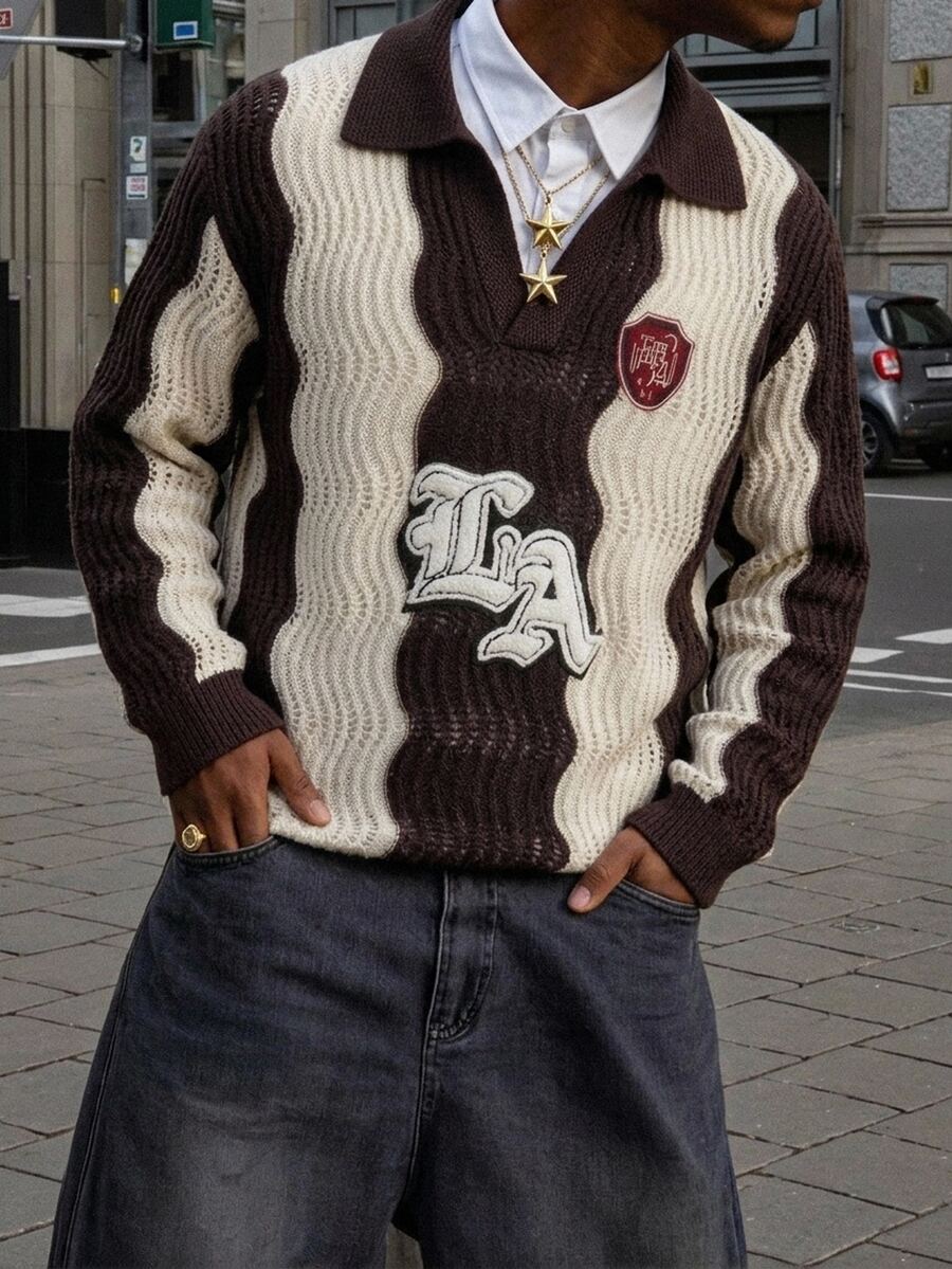 Marcello Vane Autumn/Winter Men's Long Sleeve Half-Button Polo Shirt With Wavy Striped Colorblock Patch - Coffee Brown - View 1