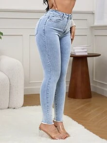 BriallanyX BriallanyX سراويل جينز كاجوال لون أحادي للنساء - الأزرق - مشاهدة 5