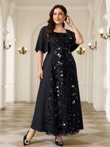 Reflora Plus Size Women Solid Color Patchwork Sequin Ruffle Sleeve Elegant Dress - Black - View 4