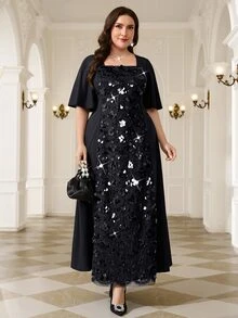 Reflora Plus Size Women Solid Color Patchwork Sequin Ruffle Sleeve Elegant Dress - Black - View 1