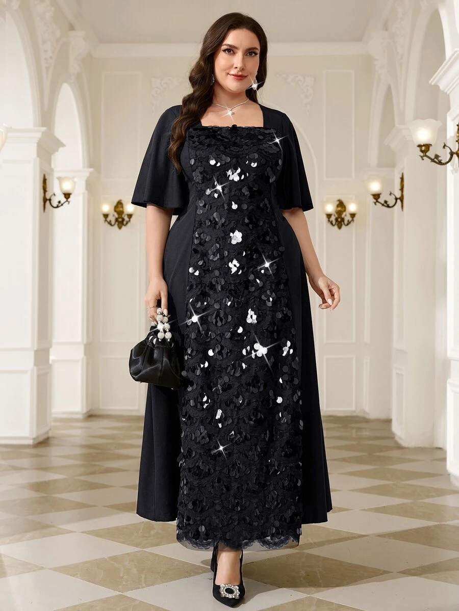 Reflora Plus Size Women Solid Color Patchwork Sequin Ruffle Sleeve Elegant Dress - Black - View 1