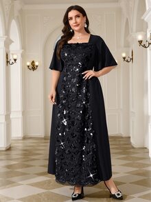 Reflora Plus Size Women Solid Color Patchwork Sequin Ruffle Sleeve Elegant Dress - Black - View 6