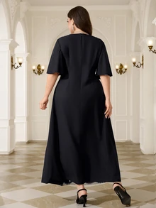Reflora Plus Size Women Solid Color Patchwork Sequin Ruffle Sleeve Elegant Dress - Black - View 3