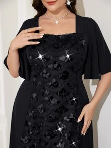Reflora Plus Size Women Solid Color Patchwork Sequin Ruffle Sleeve Elegant Dress - Black - View 2