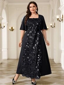Reflora Plus Size Women Solid Color Patchwork Sequin Ruffle Sleeve Elegant Dress - Black - View 5