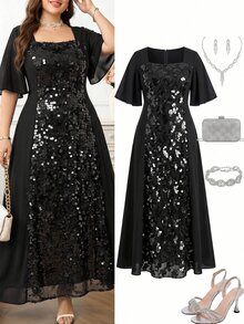 Reflora Plus Size Women Solid Color Patchwork Sequin Ruffle Sleeve Elegant Dress - Black - View 7