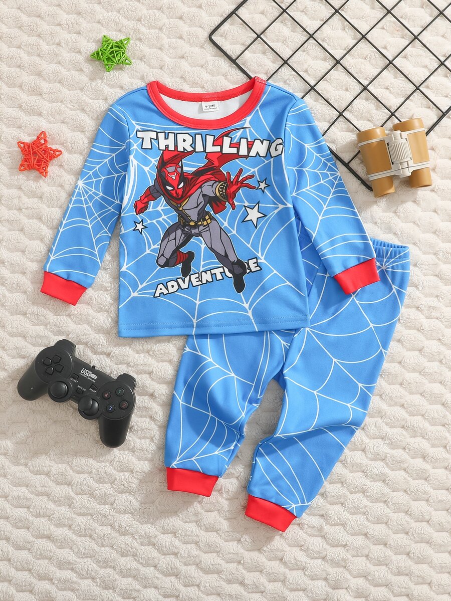 Baby Boy Snug Fit Pajama Cartoon Pattern Crew Neck Long Sleeve Pullover Top Elastic Waist Long Pants Tight 2 Pieces Set,Halloween Fall School - Blue - View 1