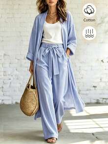 SHEIN Spring Summer Autumn And Winter Women Two Pieces Outfits Festival Going Out Vacation Vacation Concert For Elegant Casual Work Light Blue Striped - Multicolor - View 1