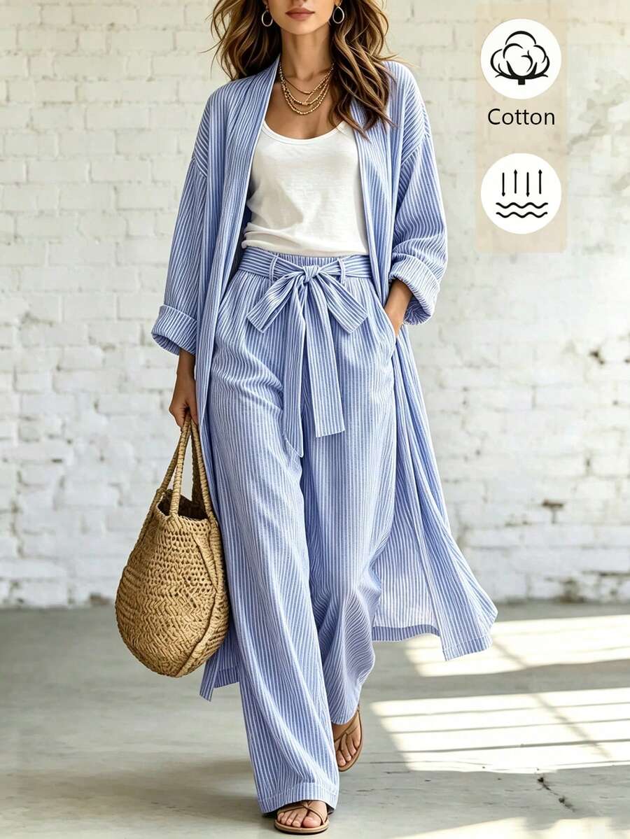 SHEIN Spring Summer Autumn And Winter Women Two Pieces Outfits Festival Going Out Vacation Vacation Concert For Elegant Casual Work Light Blue Striped - Multicolor - View 1
