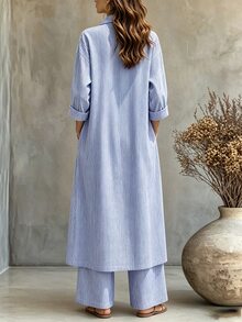 SHEIN Spring Summer Autumn And Winter Women Two Pieces Outfits Festival Going Out Vacation Vacation Concert For Elegant Casual Work Light Blue Striped - Multicolor - View 2