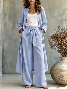 SHEIN Spring Summer Autumn And Winter Women Two Pieces Outfits Festival Going Out Vacation Vacation Concert For Elegant Casual Work Light Blue Striped - Multicolor - View 3