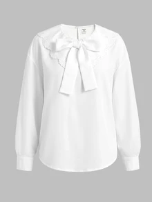 SHEIN 青少年女孩休閒簡約舒適翻領長袖蝴蝶結綁帶襯衫 - 彩色 - 查看 5