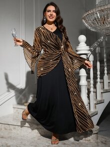 SHEIN Clasi Plus Striped Print Split Sleeve Dress Fall - Multicolor - View 2