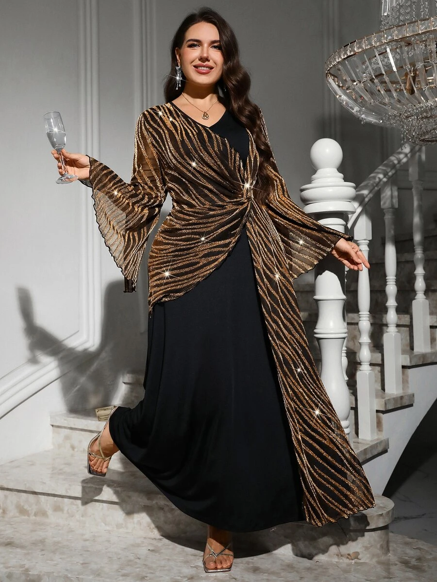 SHEIN Clasi Plus Striped Print Split Sleeve Dress Fall