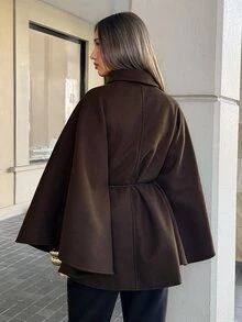 Aloruh Women's Elegant Mature High Neck Batwing Sleeve Waist-Cinching Wool Blend Coat New Autumn/Winter Dark Brown Woolen Jacket Office Corporate - Coffee Brown - View 3
