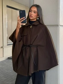 Aloruh Women's Elegant Mature High Neck Batwing Sleeve Waist-Cinching Wool Blend Coat New Autumn/Winter Dark Brown Woolen Jacket Office Corporate - Coffee Brown - View 6