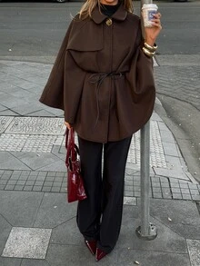 Aloruh Women's Elegant Mature High Neck Batwing Sleeve Waist-Cinching Wool Blend Coat New Autumn/Winter Dark Brown Woolen Jacket Office Corporate - Coffee Brown - View 7