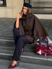 Aloruh Women's Elegant Mature High Neck Batwing Sleeve Waist-Cinching Wool Blend Coat New Autumn/Winter Dark Brown Woolen Jacket Office Corporate - Coffee Brown - View 4