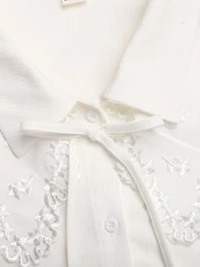 SHEIN 青少年女孩童裝休閒極簡舒適杏色花卉圓領長袖蝴蝶結繫帶紋理襯衫 - 杏色 - 查看 5