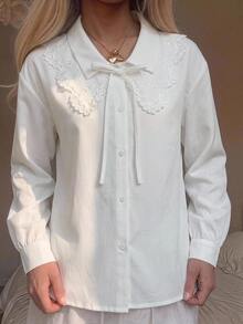 SHEIN 青少年女孩童裝休閒極簡舒適杏色花卉圓領長袖蝴蝶結繫帶紋理襯衫 - 杏色 - 查看 8