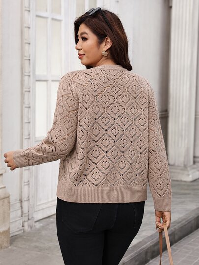 SHEIN Clasi Plus Size Hollow Out Elegant Button Long Sleeve Knit Cardigan Winter