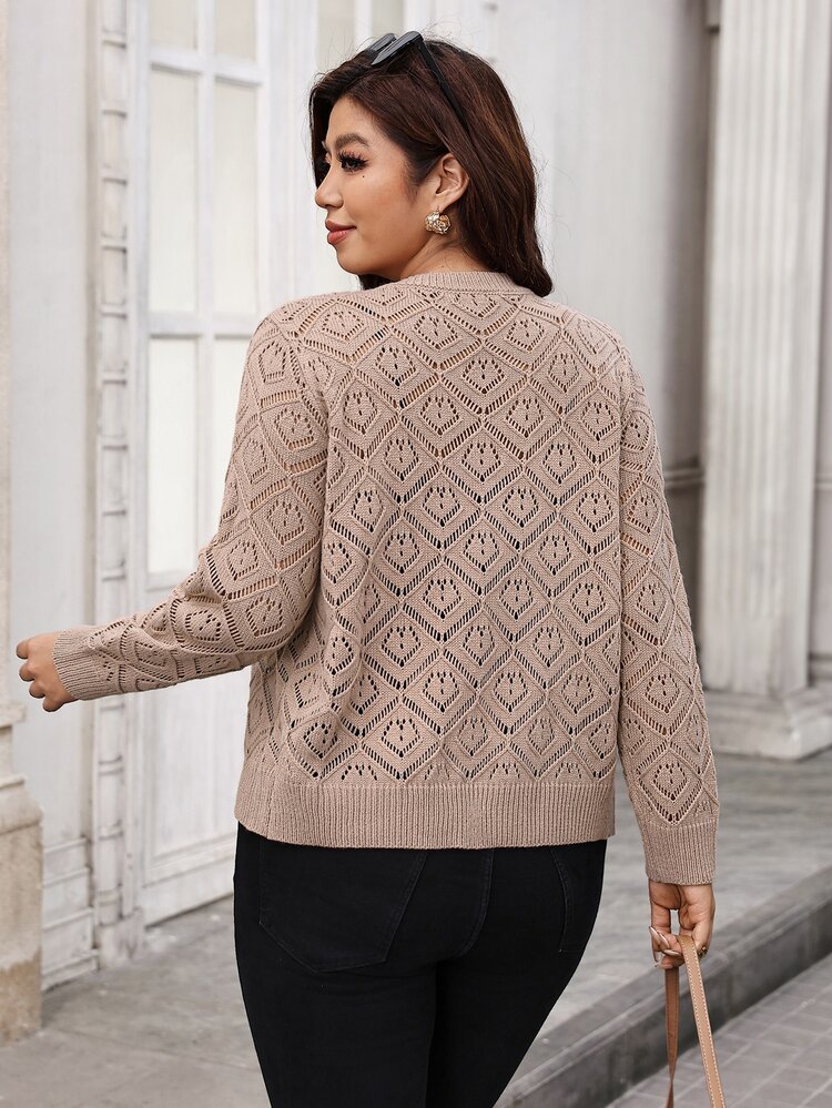 Reflora Plus Size Hollow Out Elegant Button Long Sleeve Knit Cardigan Winter - Camel - View 2