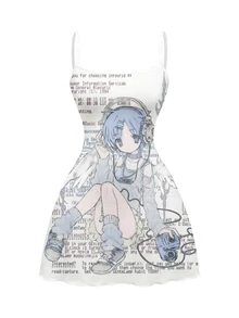 ROMWE Women's Y2K Anime Character & Slogan Print Waist Cinched Mini Cami Dress, Summer - Blue - View 5